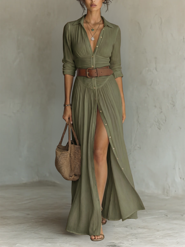 Vestido maxi largo con cuello de solapa y mangas largas de lino para mujer